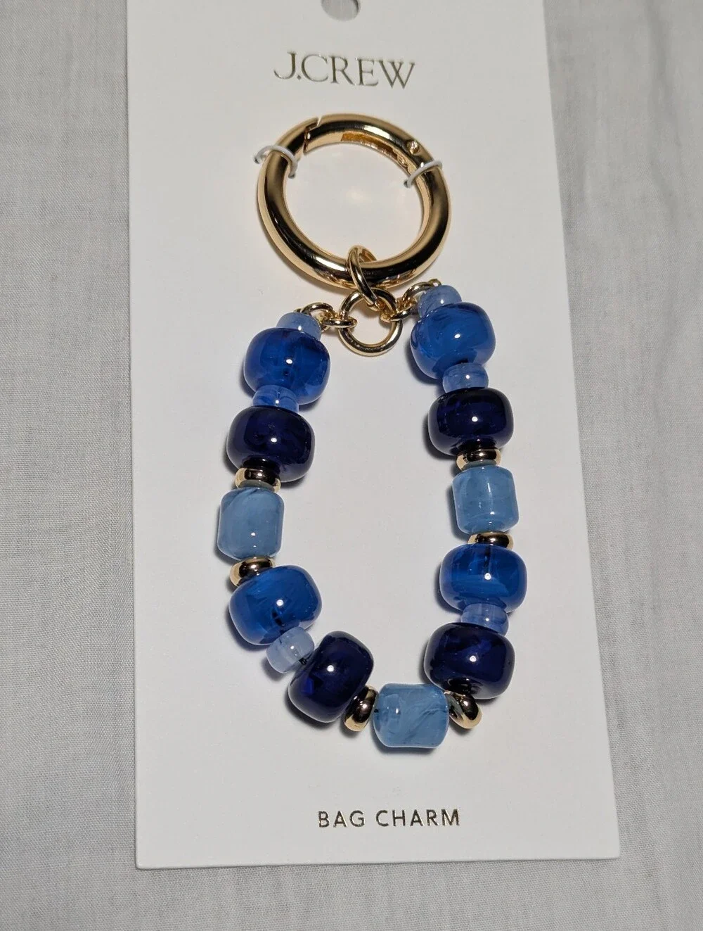 NWT J. Crew Chunky Beaded Bag Charm Gold Ring Blue Glass Beads (ONE SIZE)